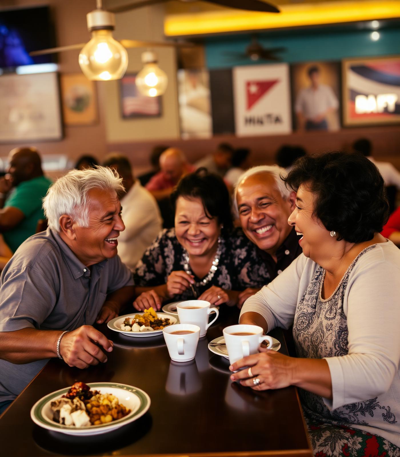 Latin family laughing at a restaurant table